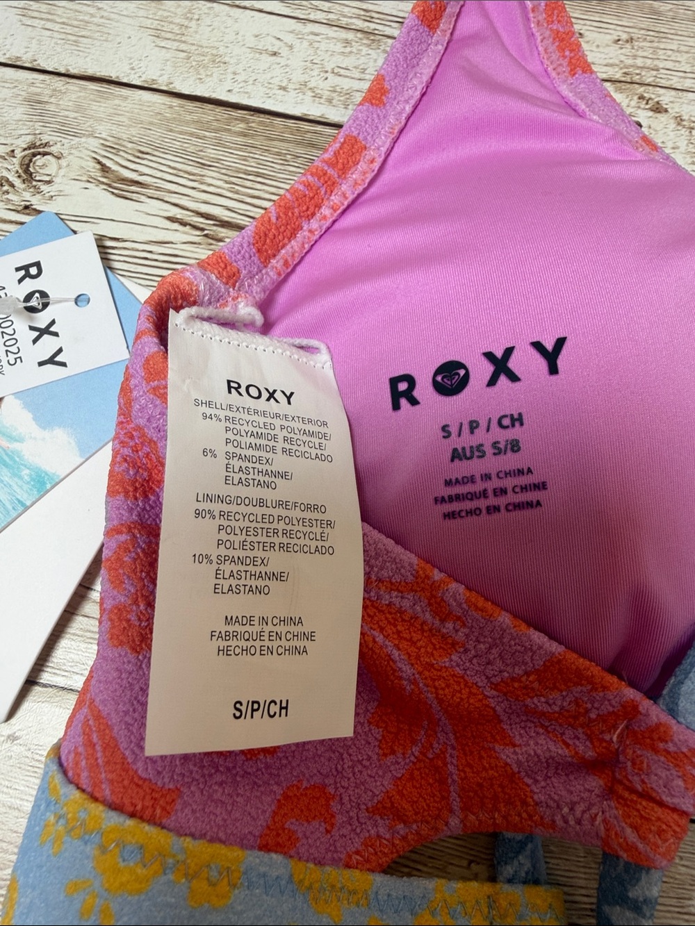 Roxy Pink Floral Tie-Front Bikini Top with Blue and Yellow Trim NEW S/8 - Picture 2 of 7